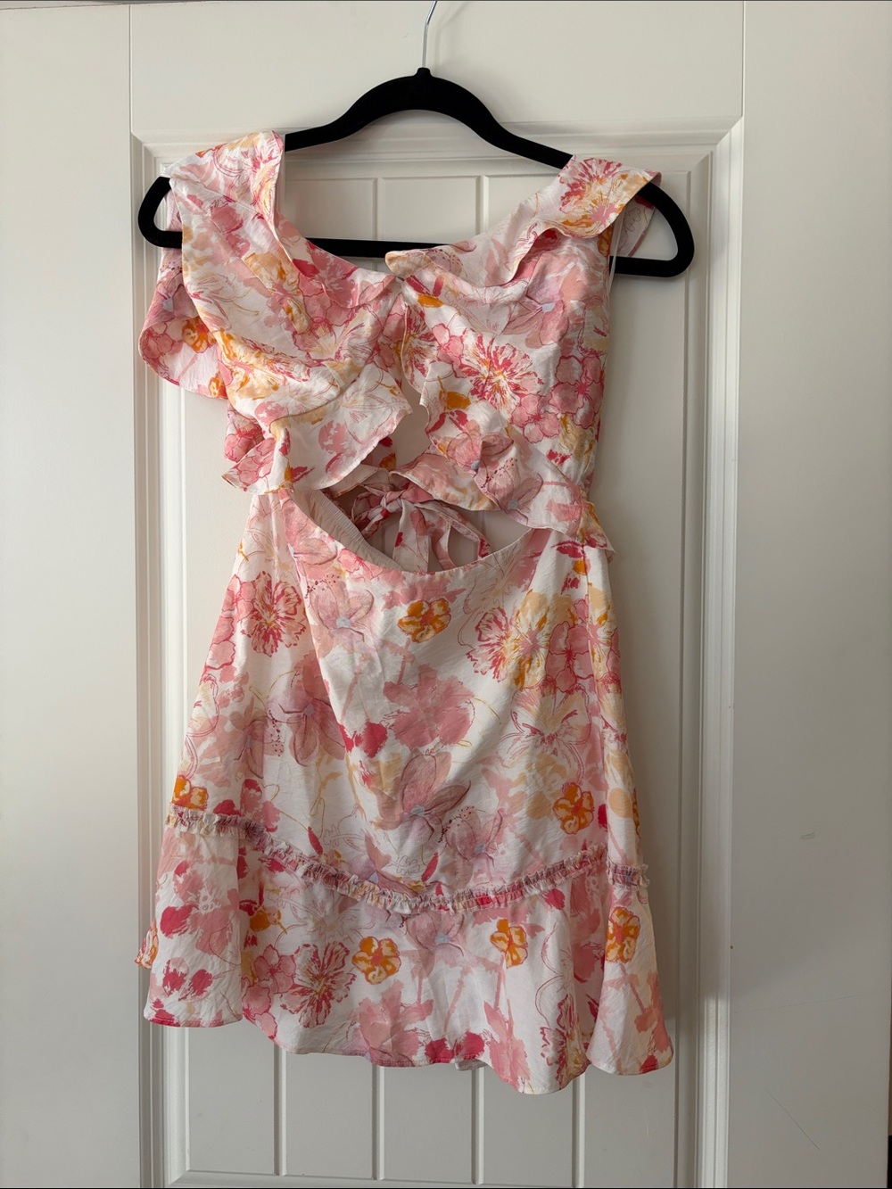 Hello Molly Pink & Yellow Floral Ruffle Cutout Mini Dress